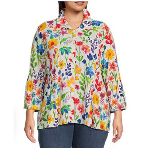 Ali Miles Floral Print Point Collar Tunic Top Shirt Plus Size 2X 3/4 Bell Sleeve